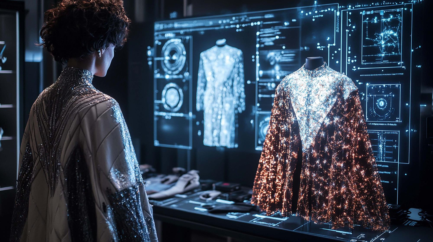 Woman looking at a sequined jacket on a mannequin beside digital garment displays, illustrating store assortment planning