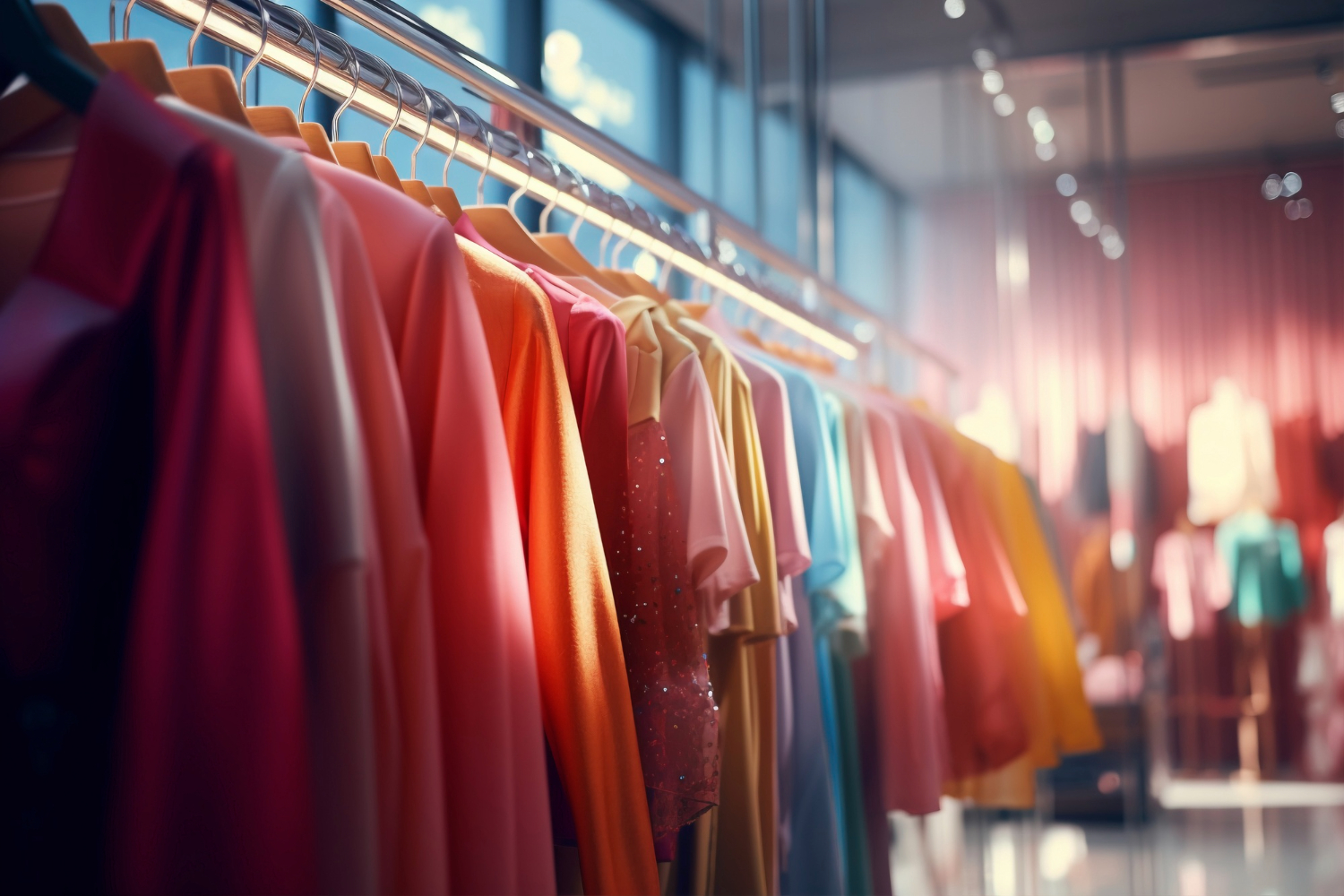Rack of colorful garments in a fashion store, with mannequins in the background, showing a localized assortment