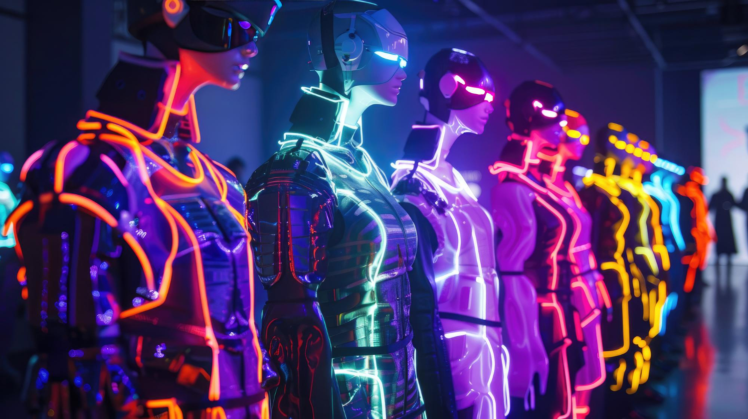 Row of mannequins in futuristic outfits lit by neon strips, representing a varied fashion assortment across stores